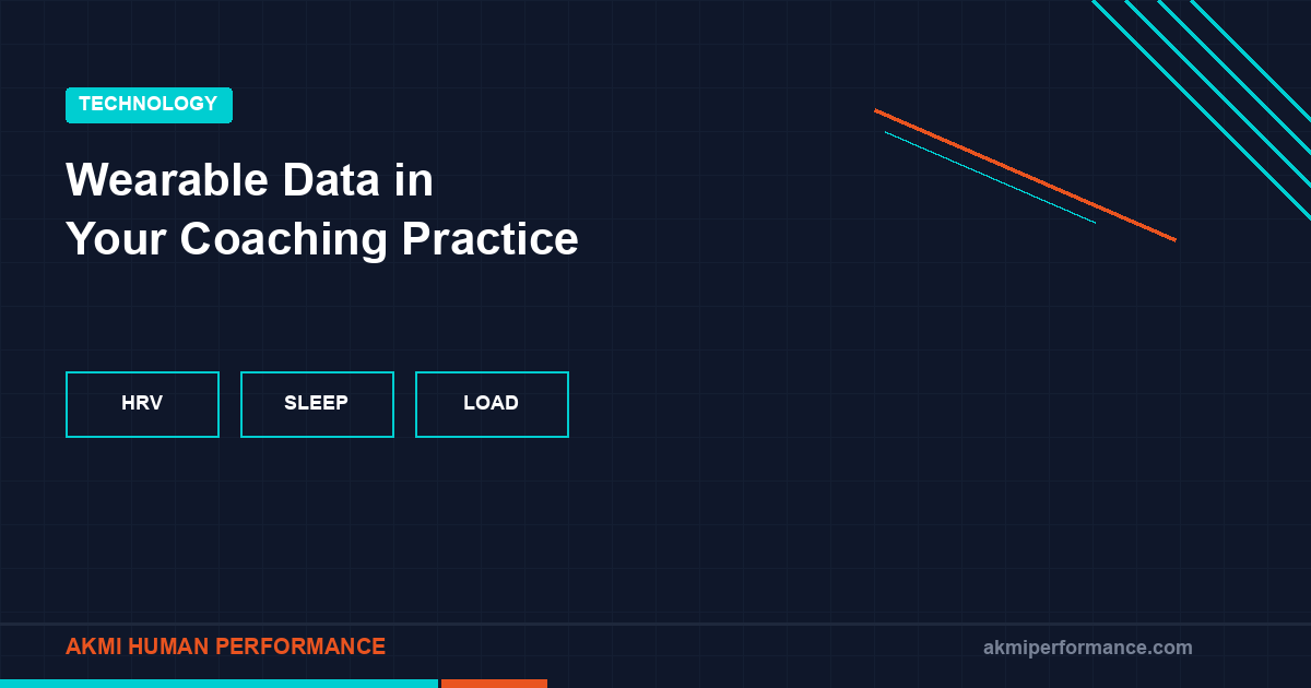 Dashboard showing wearable data integration from Whoop, Oura, and Apple Watch with coaching decision framework overlay