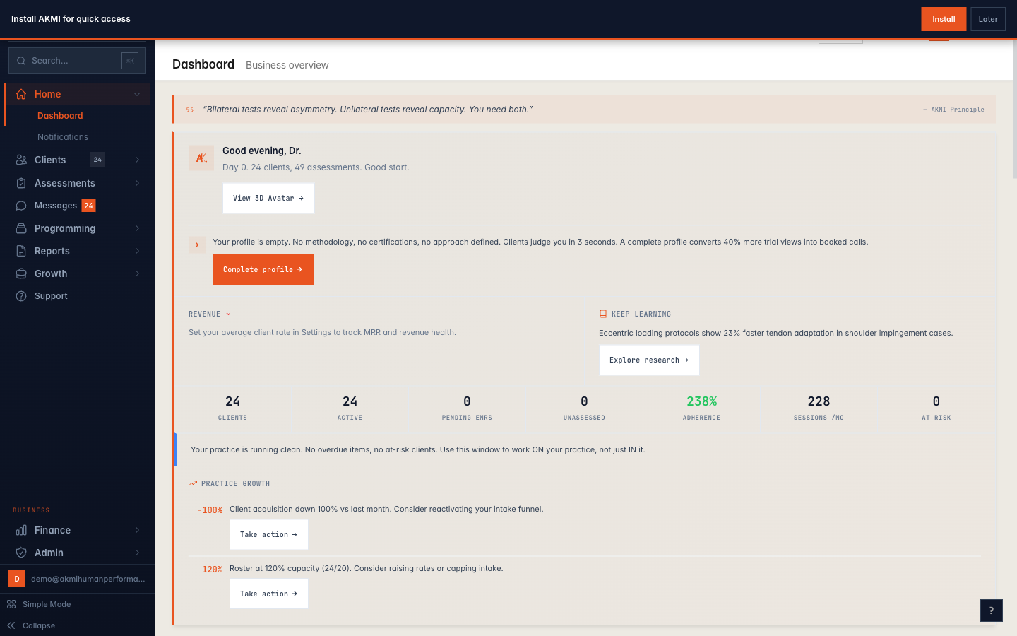 AKMI coach dashboard showing active clients, adherence rates, risk alerts, and session tracking