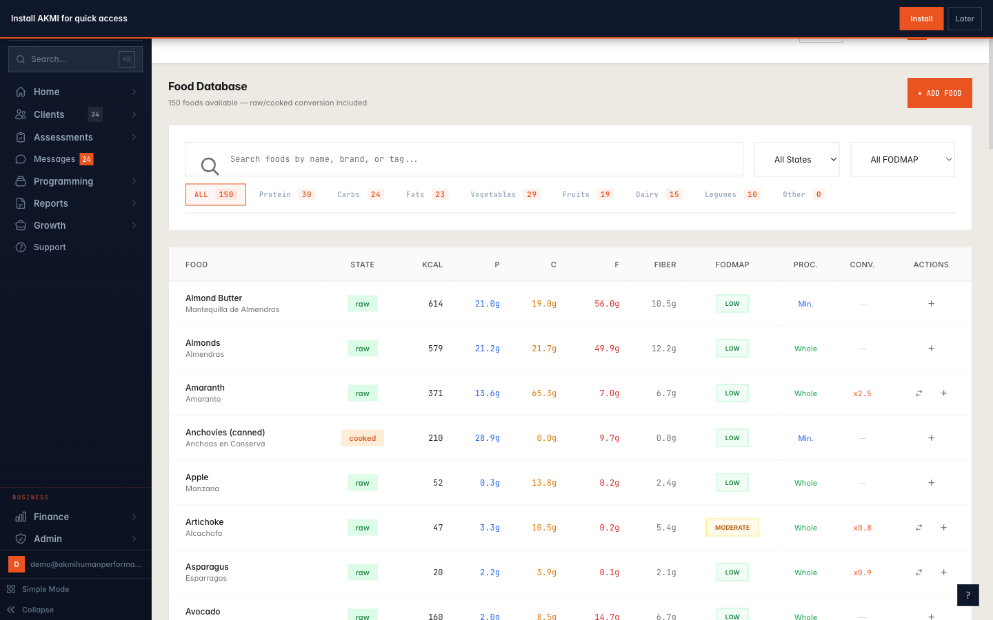AKMI food database with 150+ foods showing raw and cooked macro variants