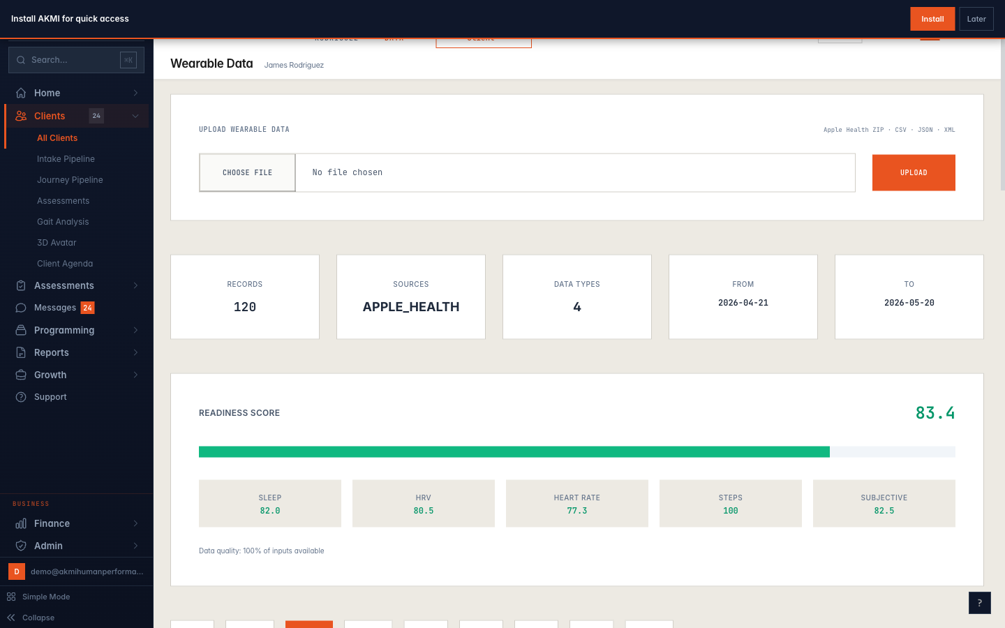 AKMI client tracking dashboard with real-time adherence scoring and risk detection